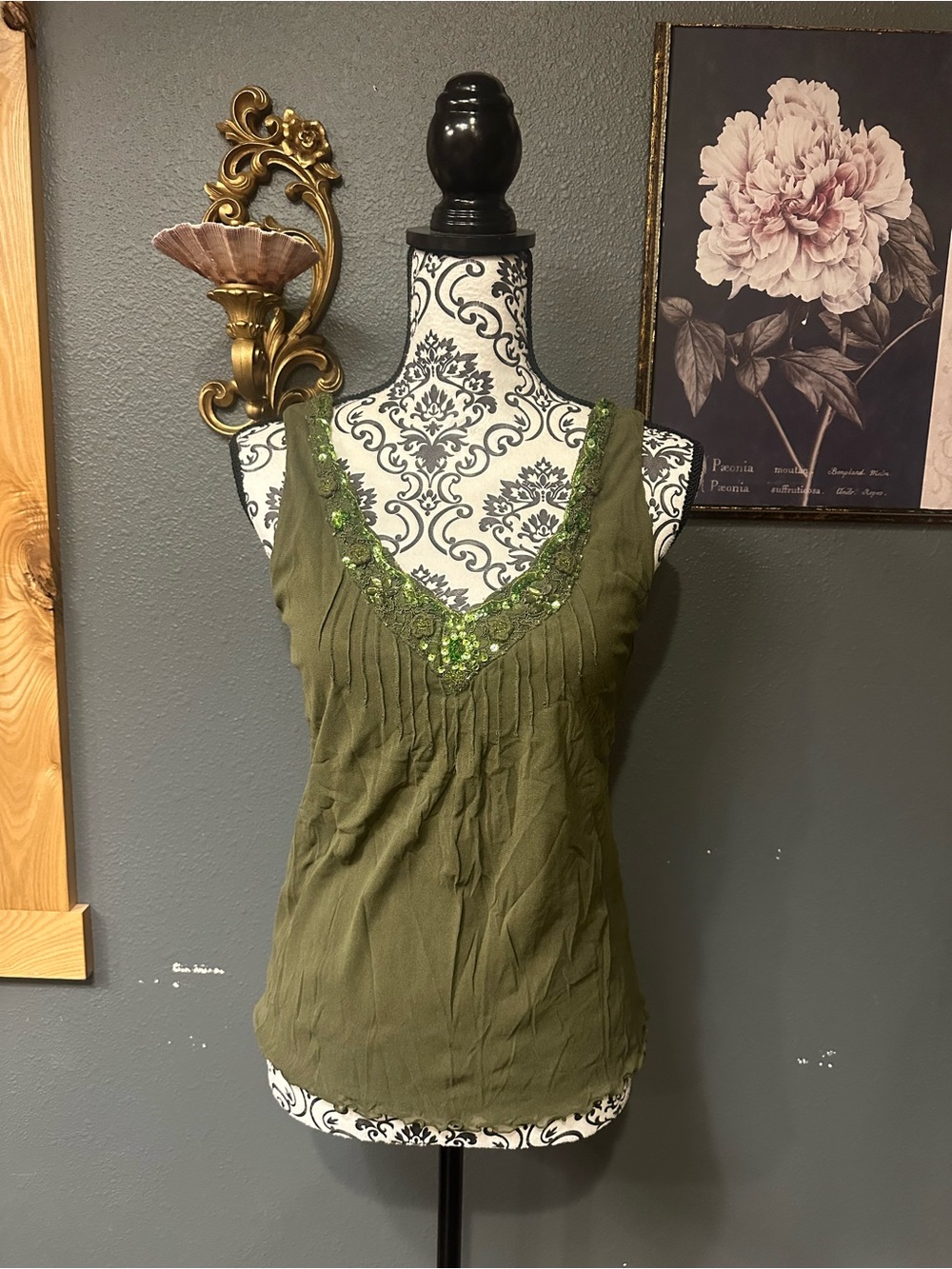 Tribal Olive Green Embellished V-Neck Camisole